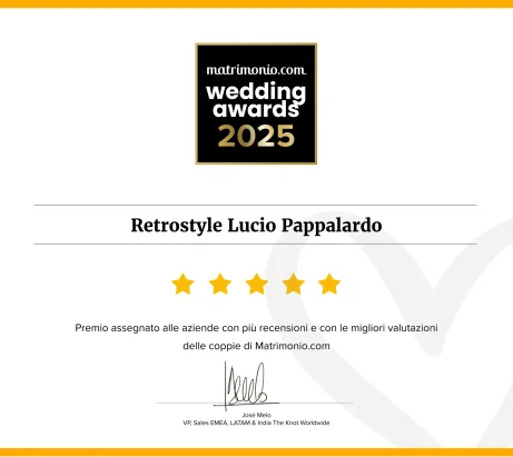 Certificato ufficiale "Wedding Awards 2025" di Matrimonio.com assegnato a Retrostyle Lucio Pappalardo per le migliori recensioni delle coppie, premiato come eccellenza nel settore wedding su matrimonio.com.